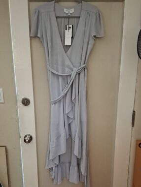 NWT WAYF Light Gray Wrap Maxi Dress with Ruffle Cascade_1